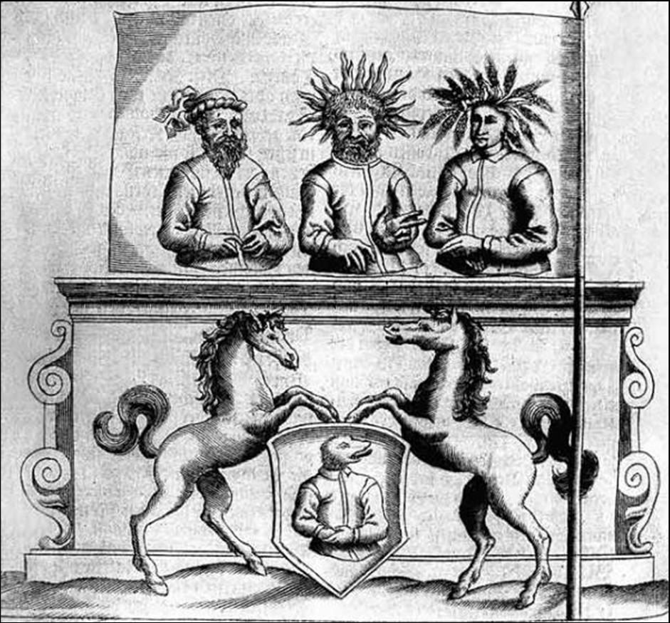 Prūsų dievų trejybė: Patolas, Perkūnas, Patrimpas, pagal Kristoforo Hartknocho raižinį, 1684