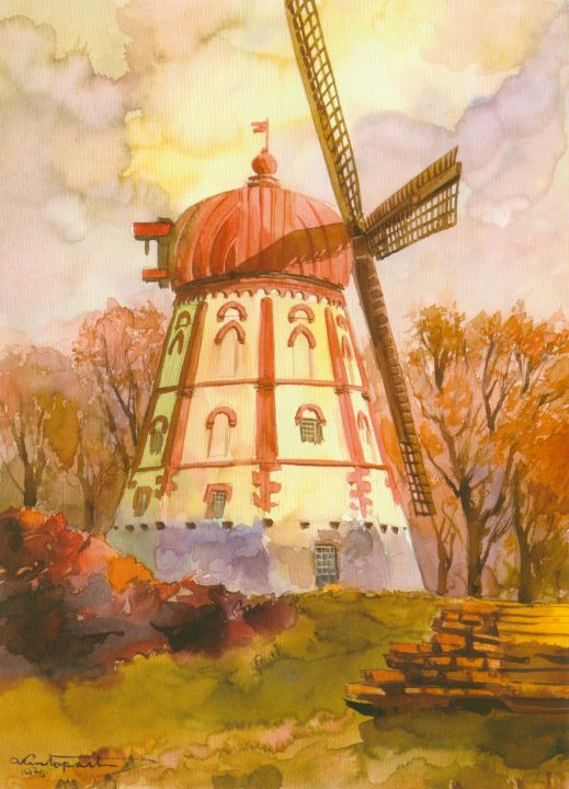 Baisogalos vėjo malūnas iš vakarų. 1976 11 06. A. Krištopaičio akvarelė. (Lietuvos malūnai A. Krištopaičio akvarelėse, V., 2007, p. 24)