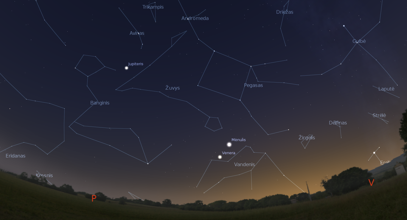 Veneros ir pilnėjančio Mėnulio susitikimas sausio 26 dieną. „Stellarium“ pav.