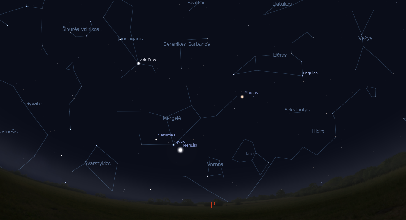 Saturnas, Spika ir Mėnulis – trys dangaus keliauninkai kartu sausio 16 dienos paryčiais. „Stellarium“ pav.