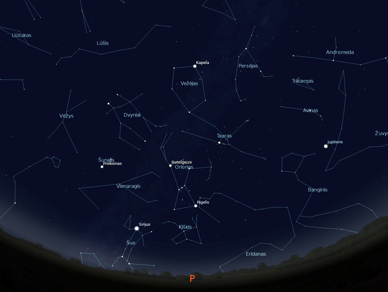 2 pav. Pietinė žvaigždėto dangaus pusė sausio 15 d. 22 val., „Stellarium“ pieš.