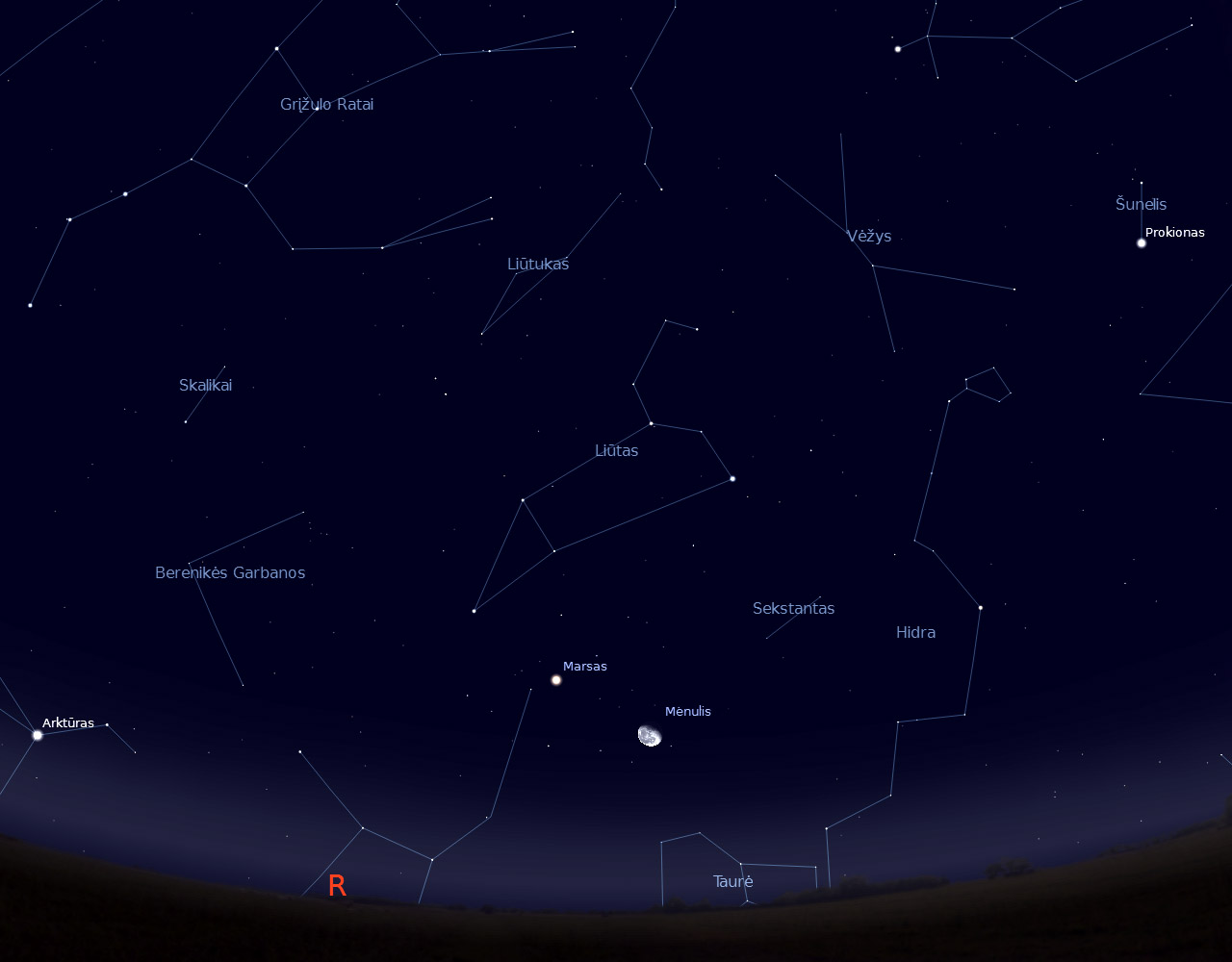 4 pav. Dylantis Mėnulis prie Marso, sausio 14 d. vidurnaktyje, „Stellarium“ pieš.