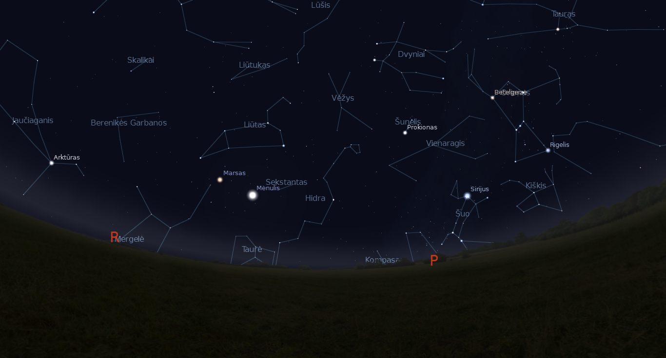 Vasario 9 dieną šalia Marso danguje praslinks Mėnulis. „Stellarium“ nuotr.
