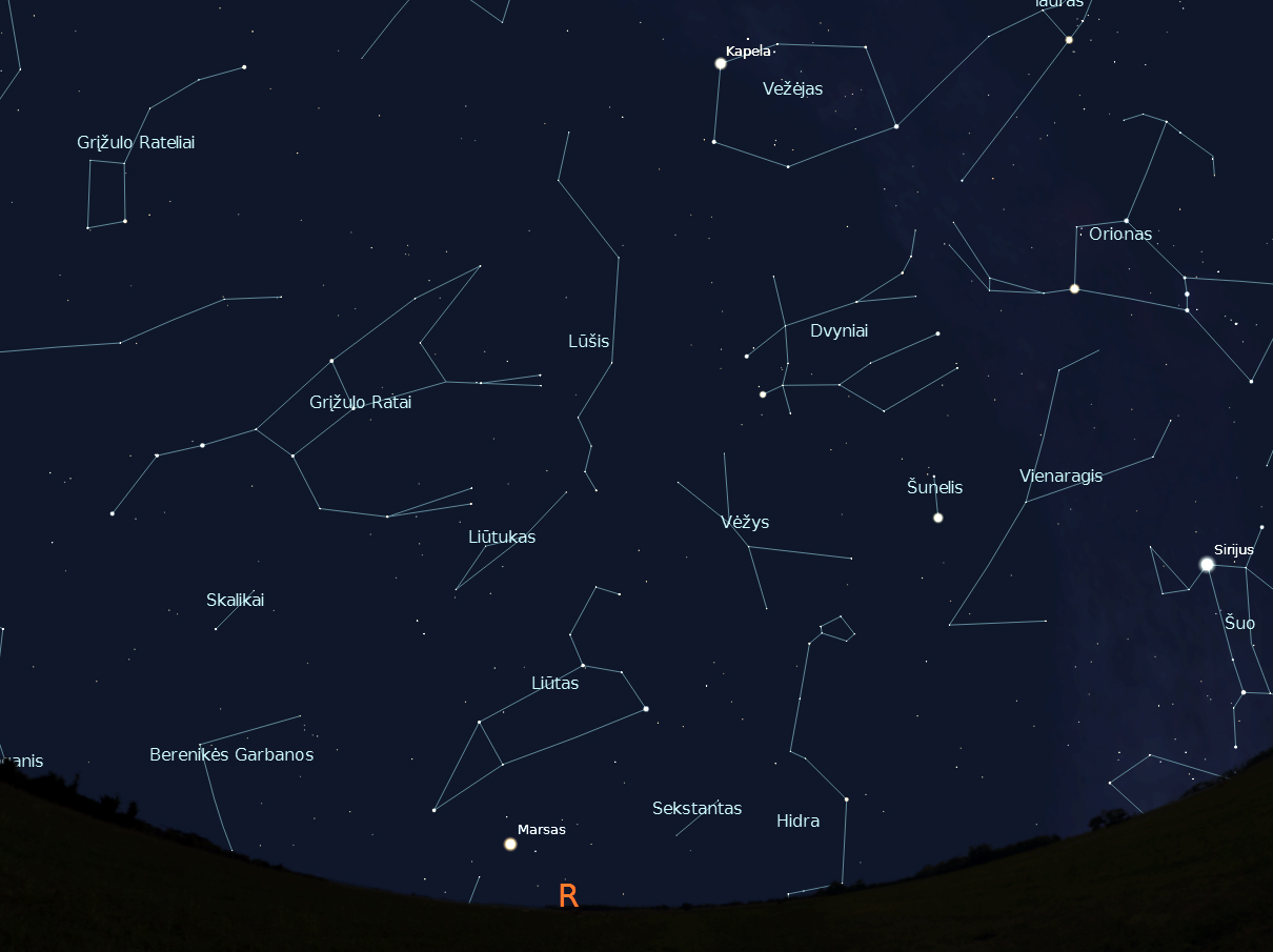 Rytinės dangaus pusės žvaigždynai, vasario 15 d., 20 val.,  „Stellarium“ nuotr.