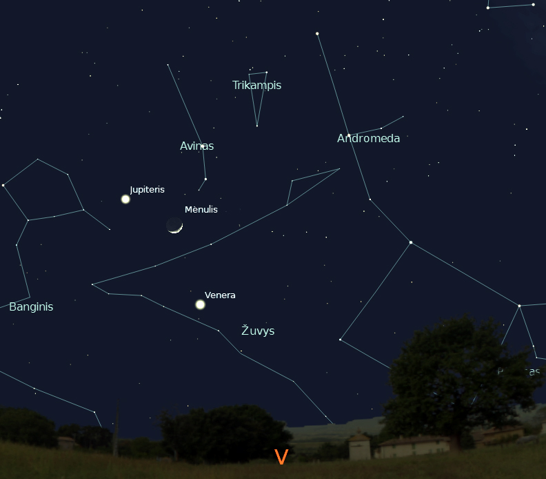 Veneros, Jupiterio ir Mėnulio susitikimas, vasario 26 d., 20 val.,  „Stellarium“ nuotr.