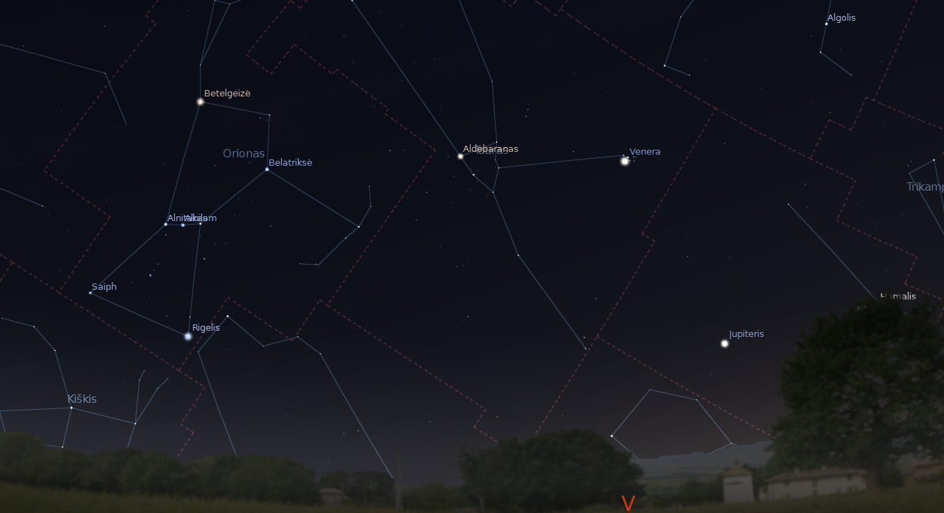 Venera (Vakarinė) balandžio 2–4 dienos vakarais matoma šalia Plejadų (Sietyno). „Stellarium“ nuotr.