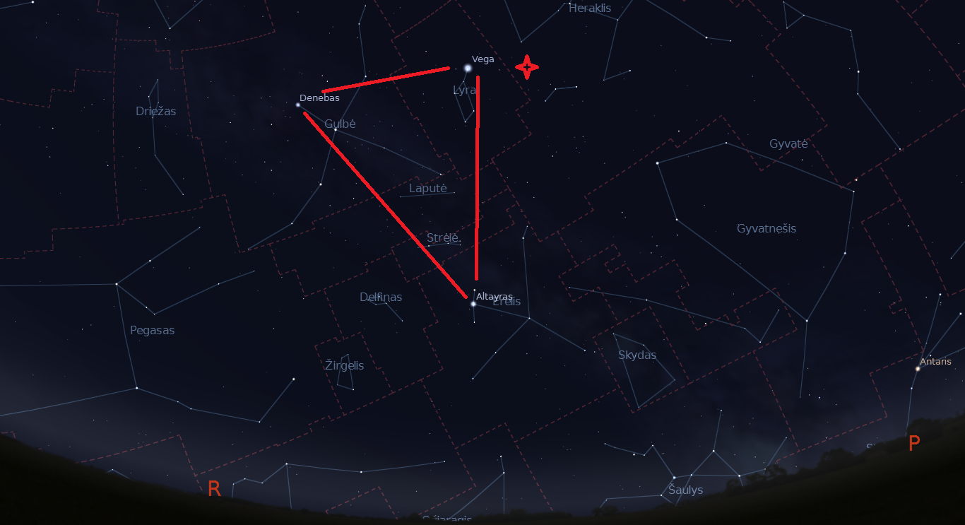 Didysis Vasaros Trikampis balandžio 22 naktį, 3 val. Žvaigždute pažymėtas Lyridų radianas. „Stellarium“ nuotr.
