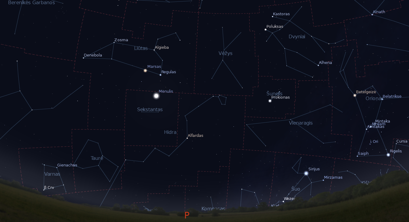 Šalia Marso ir Regulo balandžio 4 naktį pralėks Mėnulis. „Stellarium“ nuotr.