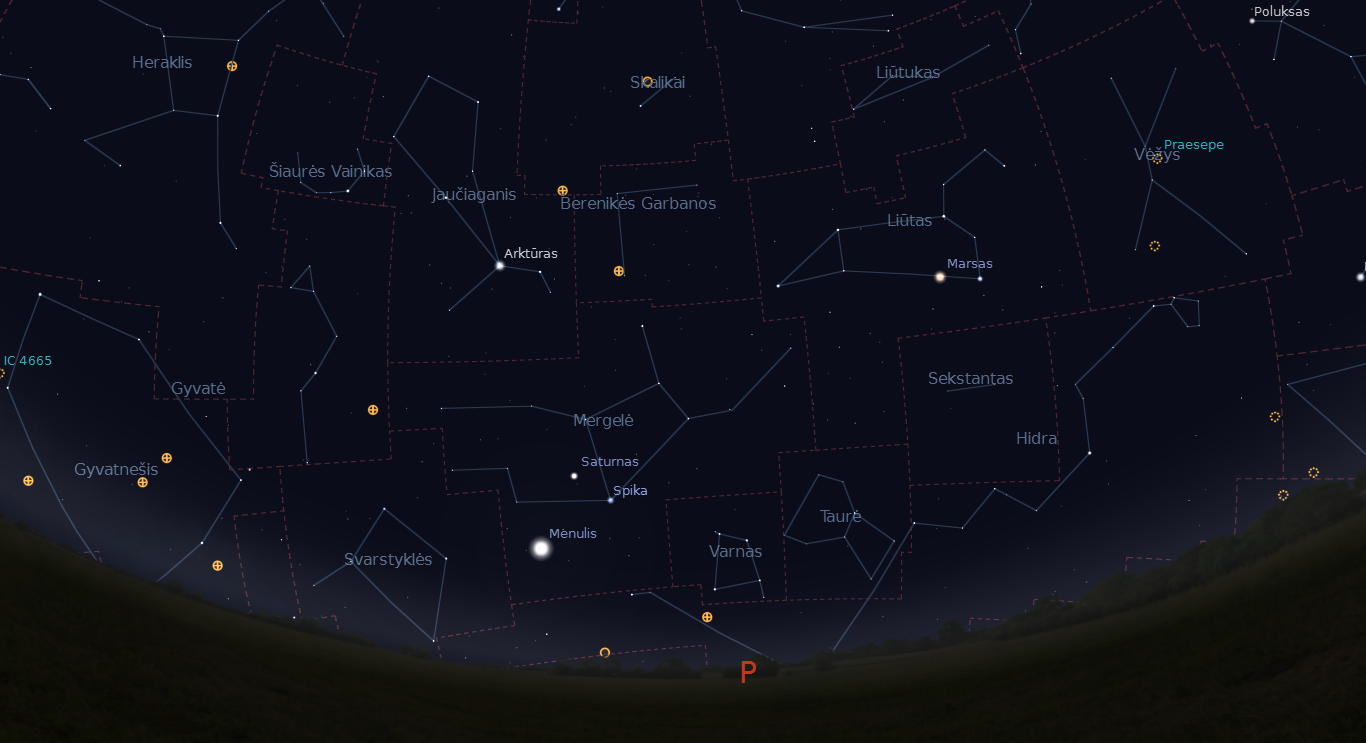 Mėnulio pilnatis, Saturnas ir Spika balandžio 8 naktį, po vidurnakčio. „Stellarium“ nuotr.