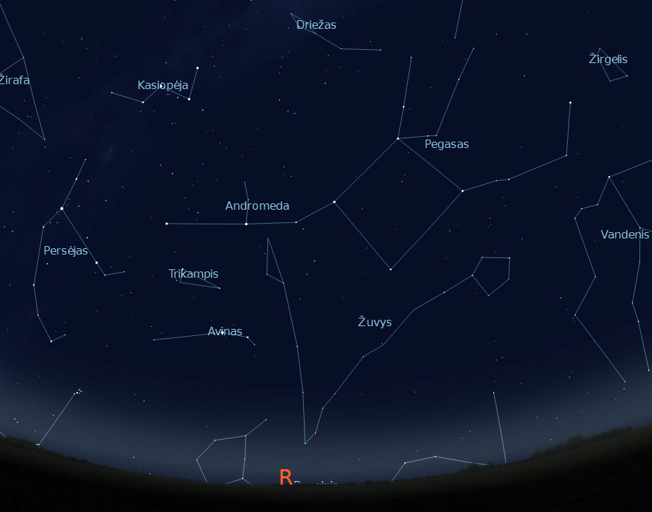  Rytinė dangaus pusė rugsėjo 15 d. 22 val. (piešinys sukurtas „Stellarium“ programa).
