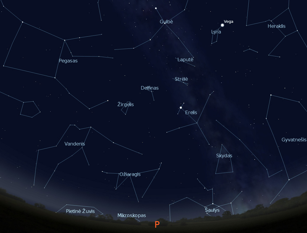  Pietinė dangaus pusė rugsėjo 15 d. 22 val. (piešinys sukurtas „Stellarium“ programa).