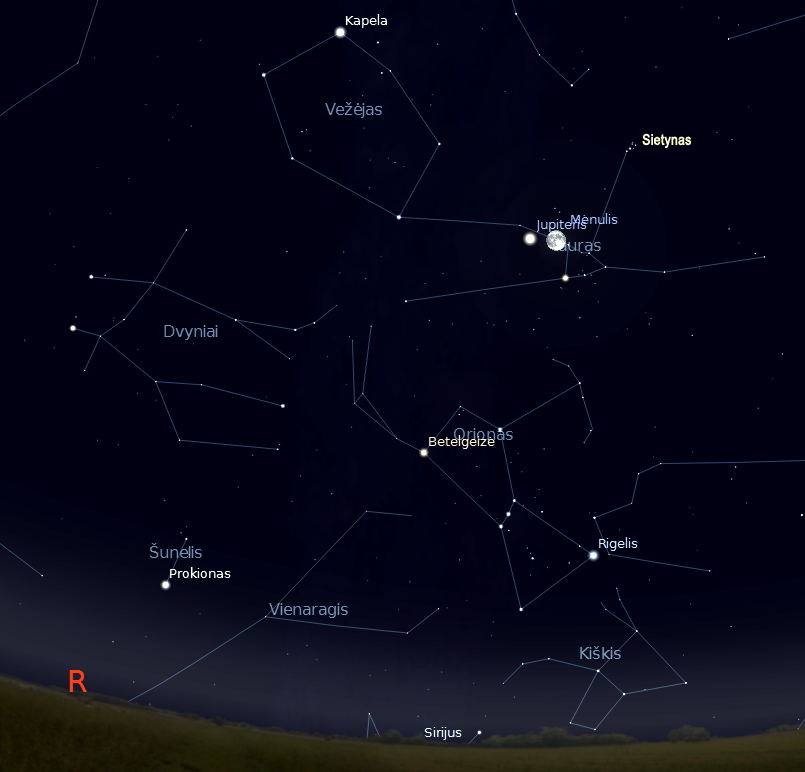 Mėnulio ir Jupiterio suartėjimas lapkričio 28 d.22 val (piešiniai sukurti „Stellarium“ programa) © J. Vaiškūno pieš.