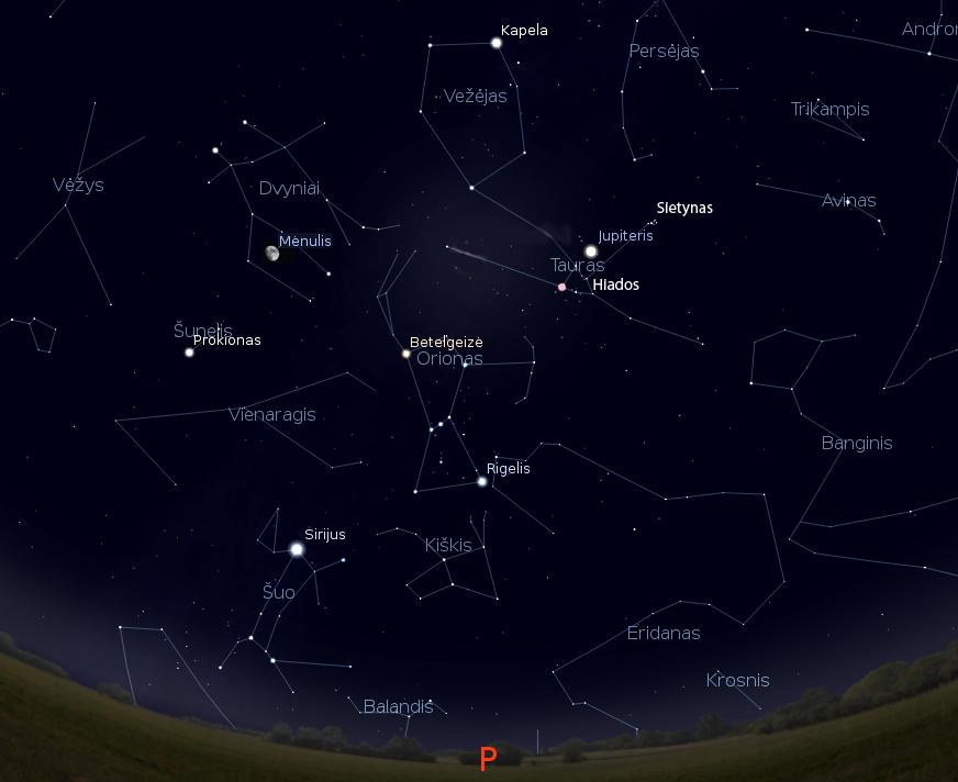 Priešpilnis Mėnulis tarp vasario žvaigždžių vasario 21 d. 21 val. | Pav. sukurtas „Stellarium“ programa, © J. Vaiškūno pieš.