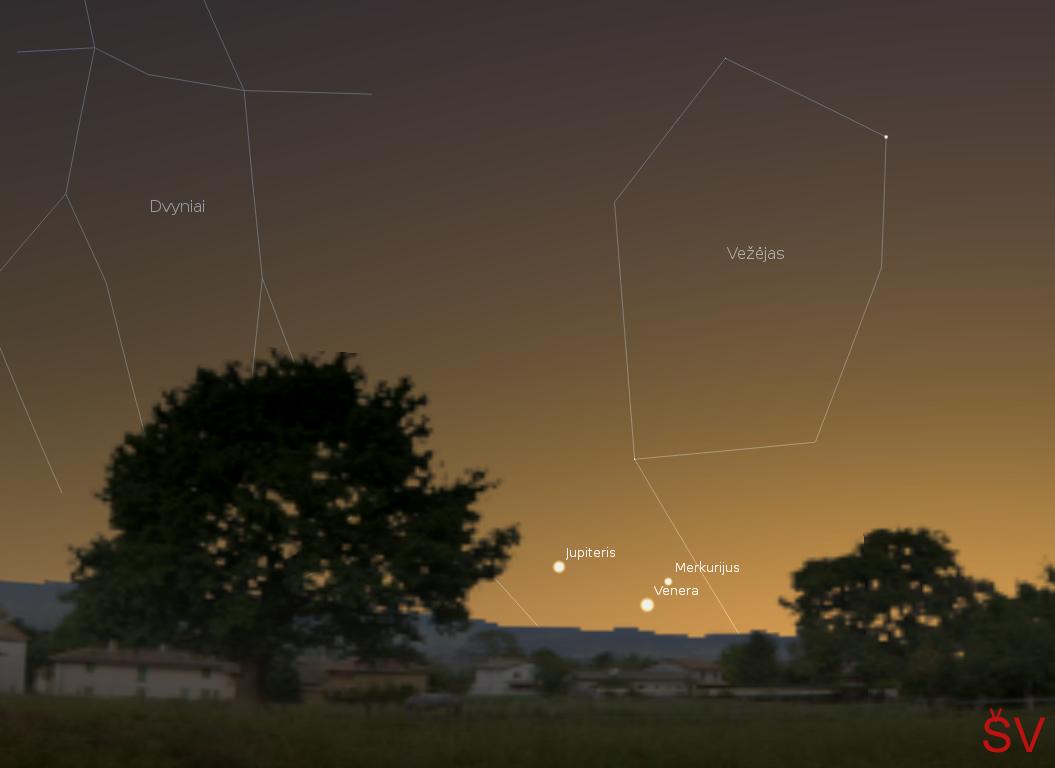 Gegužės 24 d., 22 val. Vakarinė, Jupiteris ir Merkurijus (piešinys sukurtas „Stellarium“ programa) | J. Vaiškūno pieš.