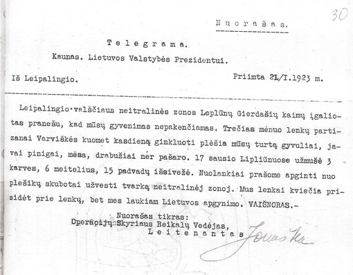 Leipalingio gyventojo Vaišnoro telegrama Lietuvos Prezidentui apie lenkų „partizanų“ piktadarystes, 1923-03-21 | LCVA nuotr.