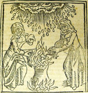 Raganos atlieka lietaus iššaukimo burtus | Ulricho Molitoro (Ulrich Molitor) graviūra iš veikalo „De Laniis et phitonicis mulieribus“ („Apie raganas ir žiniuones“), Constance, 1489 m.