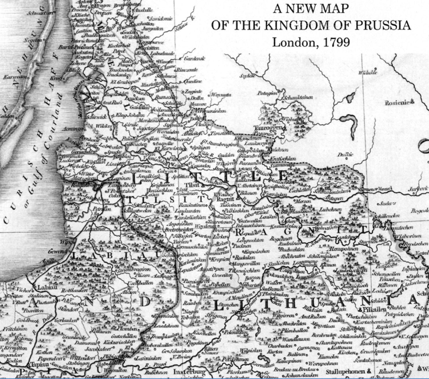 Londone išleisto Prūsijos karalystės 1799 m. žemėlapio iškarpa su užrašu „LITTLE LITHUANIA“ – Mažoji Lietuva
