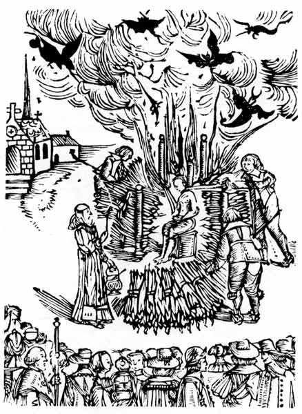 Viešas tėvo Urbano Grandierio (Urban Grandier) sudeginimas apkaltinus sutarties su Velniu sudarymu. Amžininko piešinys, Ludenas, 1634 m.