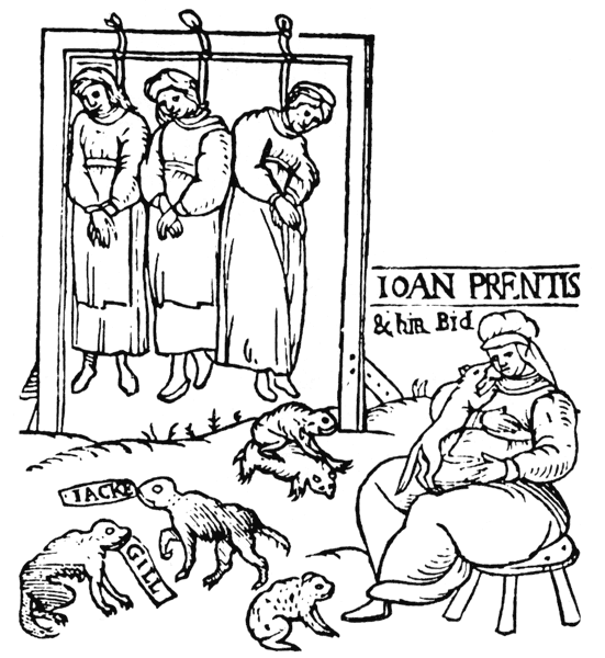 Viešai pakartos raganavimu apkaltintos 3 moterys: Džoan Prentis (Joan Prentice), Džoan Kionei (Joan Cony) Džoan Apnei (Joan Upney). Iš angliškos brošiūros, 1598 m.