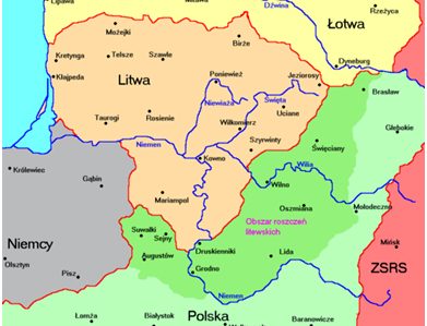 Žalia spalva pažymėtos Lenkijos užimtos teritorijos, kurios pagal Lietuvos-Sovietų Rusijos taikos sutartį buvo priskirtos Lietuvai | wikiwand.com nuotr.