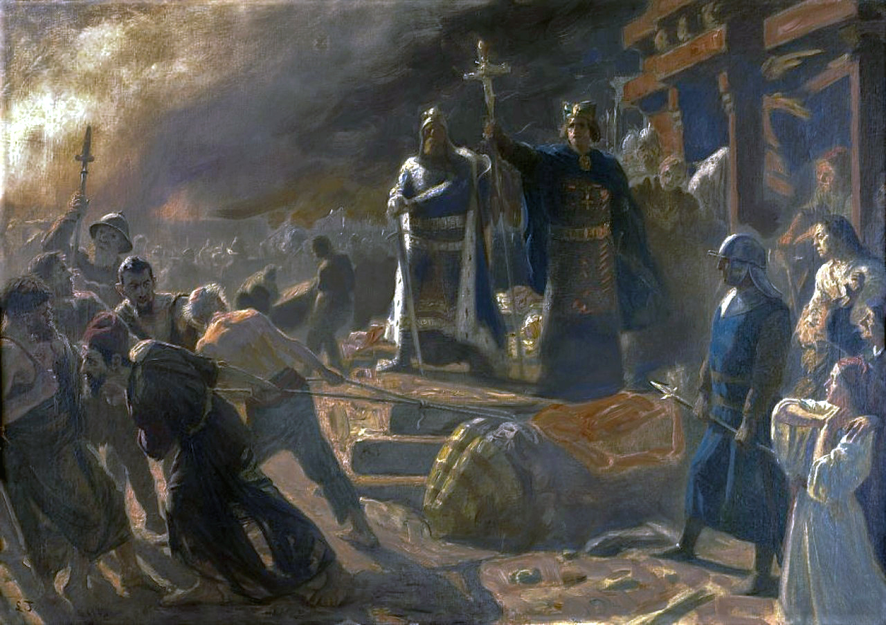 Vyskupas Absalonas išniekina baltų ir slavų šventovę Arkonoje (Riūgeno sala, Vokietija). XIX a. paveikslas | wikipedia.org nuotr.