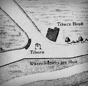 Angliškas 1746 m. Taiberno vietovės žemėlapis. Kartuvės stovi kryžkelėje