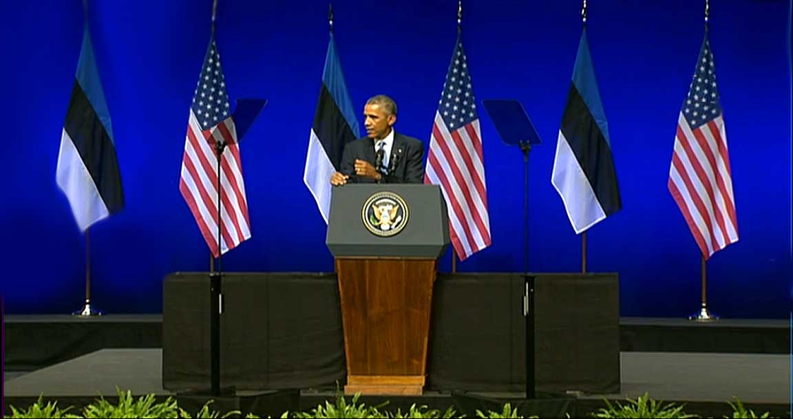 Barakas Obama Talino Nordea koncertų rūmuose pasakė kalbą „Rusijos agresija Ukrainoje“ | Alkas.lt nuotr.