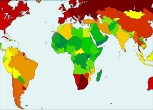 Pasaulio gimstamumo žemėlapis (rausvesnės spalvos žymi mažesnį gimstamumą)