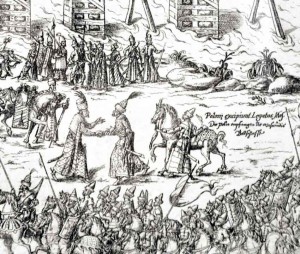 Grafikos darbo „Gardino vaizdas“ fragmentas – Maskvos pasiuntinybės pasitikimas, 1568 m. | valdovurumai.lt nuotr.