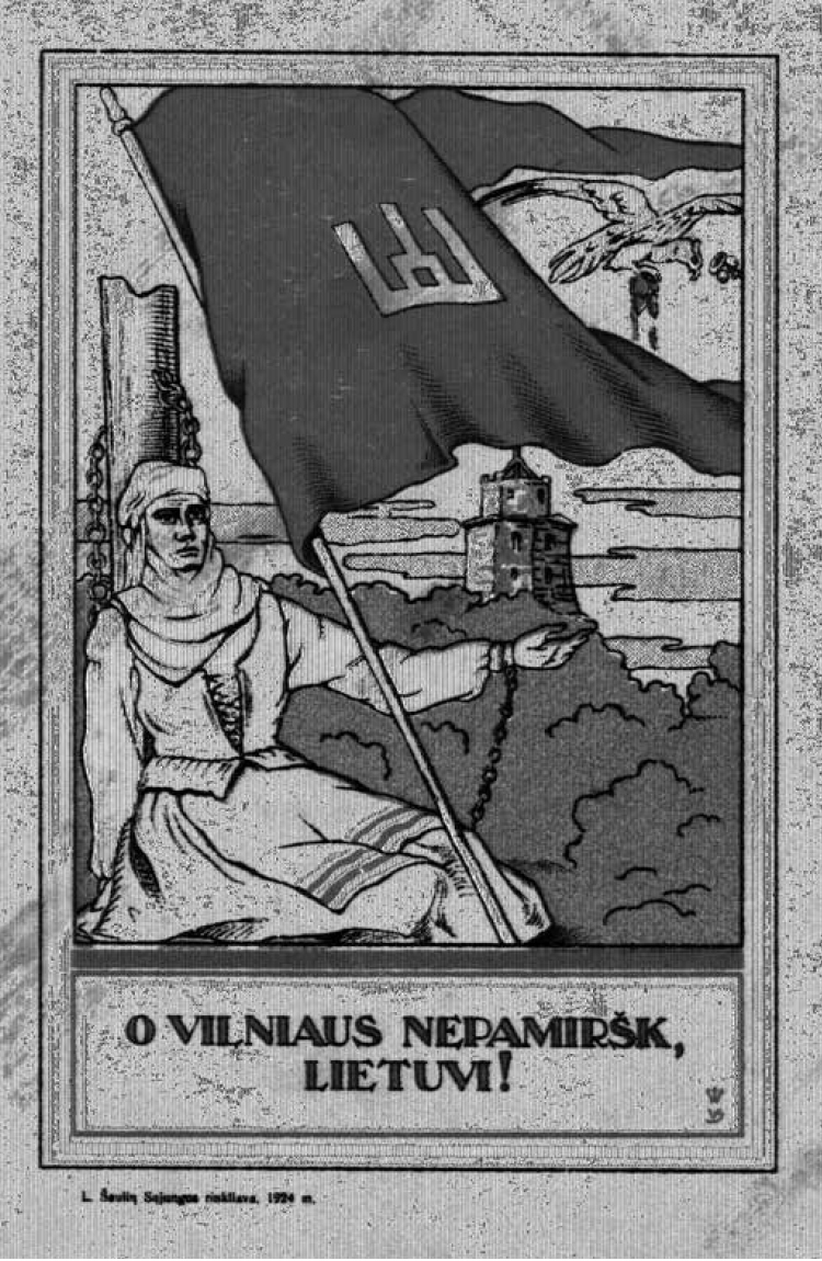Atvirukas su užrašu „O Vilniaus nepamiršk, lietuvi!“. Po piešiniu užrašas „L. Šaulių Są jungos rinkliava. 1924 m.“ | LCVA, nežinomo autoriaus nuotr.
