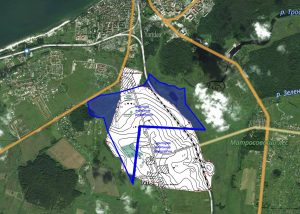 Kaupo-Viskiautų archeologinių paminklų komplekso teritorija (balta spalva) ir numatoma gintaro gavybos vieta (mėlyna spalva) | V. Kulakovo sudarytas planas, paskelbtas Facebook.com