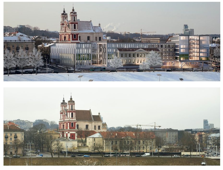 Šv. Pilypo ir Jokūbo bažnyčios vaizdas nuo upės pusės būtų iki pusės užstatytas stikliniu naujadaru | Vilnius.lt nuotr.