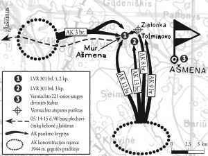 1944 m. gegužės 13–14 d. vykusio Mūrinės Ašmenos mūšio schema | „Voruta“ nuotr.