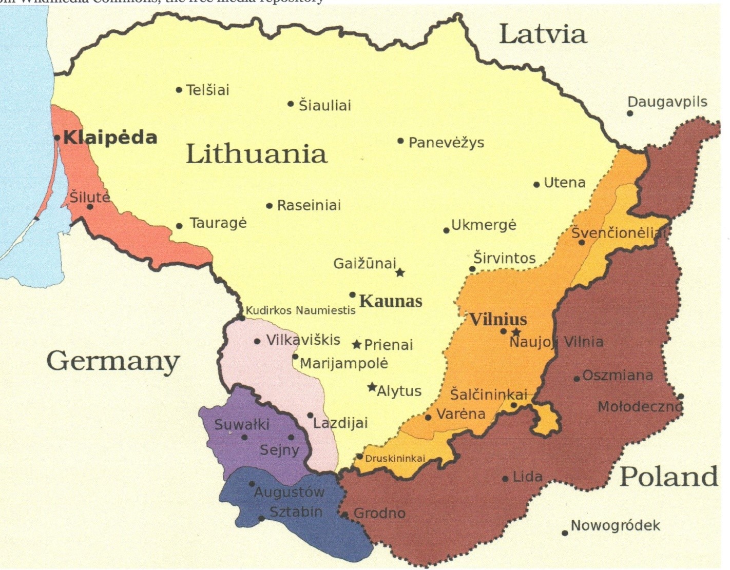 Šiame žemėlapyje matome Lietuvos sienų kaitą XX amžiuje. Šviesiai ruda spalva nubraižyta teritorija yra 1939 metais sugražintas Vilniaus kraštas, smėlio spalva pažymėta Druskininkų apylinkės , Varėnos rajono dalis, Šalčininkai su Dieveniškėmis bei Ignalinos ir Švenčionių rajonų dalis tai teritorijos grįžusios Lietuvai 1940 metais.