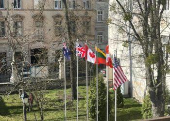 Lvove, prie muziejaus, iškelta Lietuvos ir kitų svarbiausių Ukrainą remiančių valstybių vėliavos