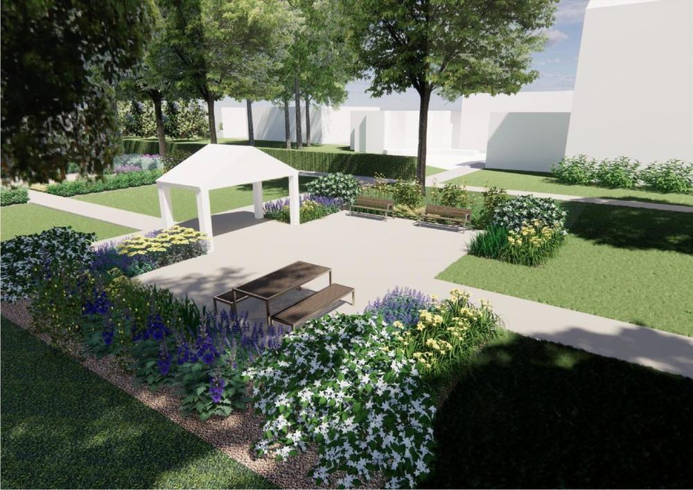 VDU Žemės ūkio akademijos studenčių suprojektuota poilsio aikštelė prie Kernavės Kerniaus gatvės buvusios pirkios vietoje. Dengtas prieangis žymi įėjimą į „pastatą“ | VDU ŽŪA nuotr.
