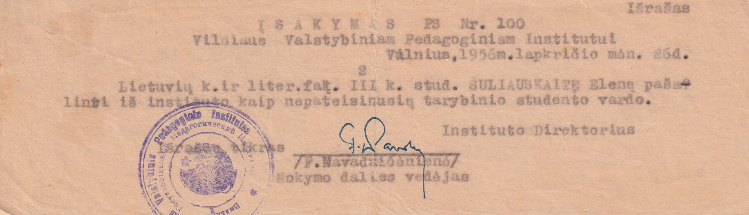 3.Vilniaus pedagoginio instituto direktoriaus įsakymo išrašas Nr. 100. 1956 11 26 | E. Šiuliauskaitės asm. archyvo nuotr.