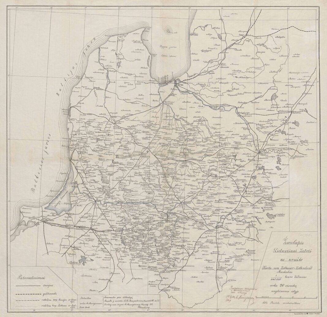 Žemėlapis lietuviškai-latviško krašto, 1900 m. Sukūrė Lietuvos inžinierius Antanas Macijauskas