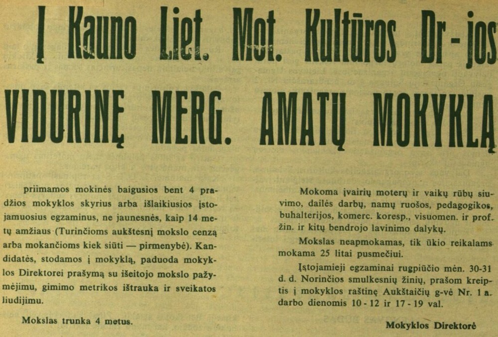  Skelbimas stoti į Kauno Lietuvos moterų kultūros draugijos vidurinę mergaičių amatų mokyklą, 1939 m. |  Moteris, Nr. 13, 1939, p. 210 nuotr.