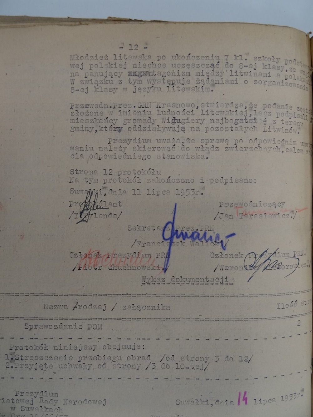Suvalkų apskrities liaudies tarybos prezidiumo posėdžio, vykusio 1953 m. liepos 8 d., protokolas nr. LXI/53. Per posėdį aptartas Krasnavo valsčiaus gyventojų pateiktas prašymas dėl lietuviškos 8 klasės įkūrimo | K. Leončiko nuotr.
