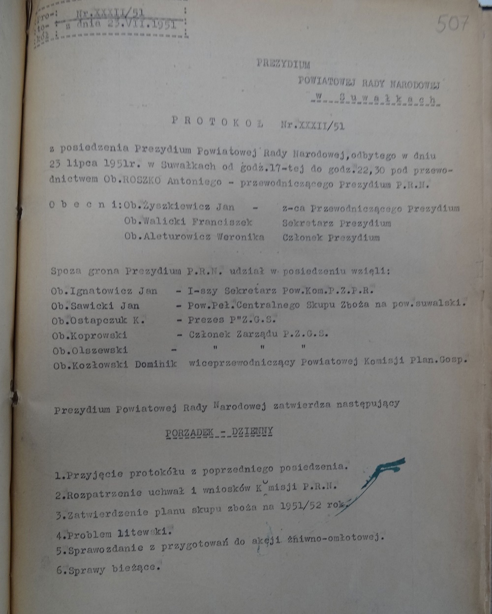 1951 m. liepos 23 d. Suvalkų apskrities liaudies tarybos posėdžio protokolas. Aptartas lietuvių kalbos pamokų įvedimas mokyklose | punskas.pl nuotr.