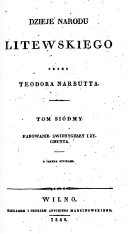 Teodoro Narbuto veikalo „Dzieje Narodu Litewskiego“, išleisto 1840 m., viršelis | wikipedia.org nuotr.