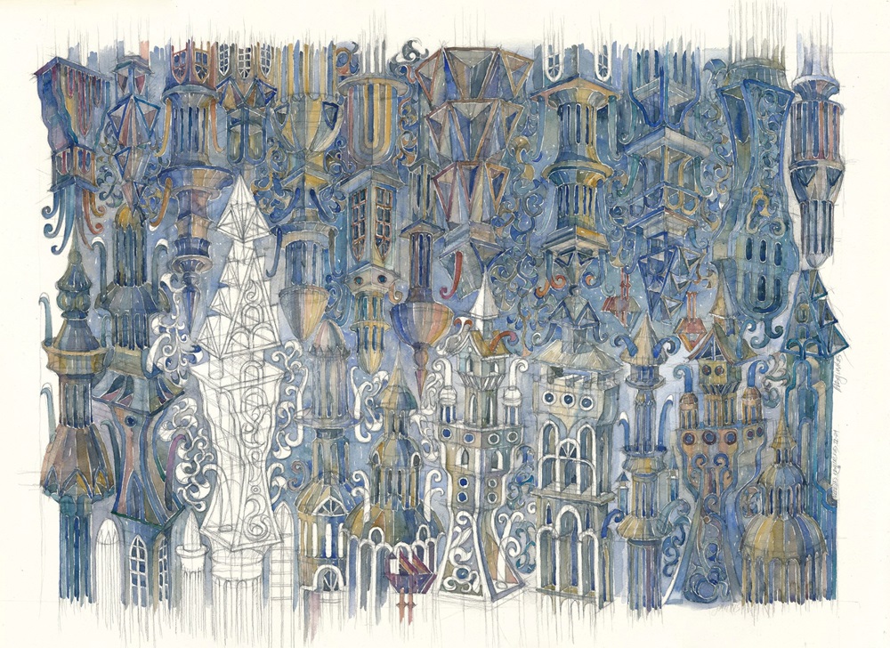 J. Bučmytė, A. Krajinskas MIESTAS, 2021-24, akvarelė, pieštukas, 60x80 cm. | mlimuziejus.lt nuotr.