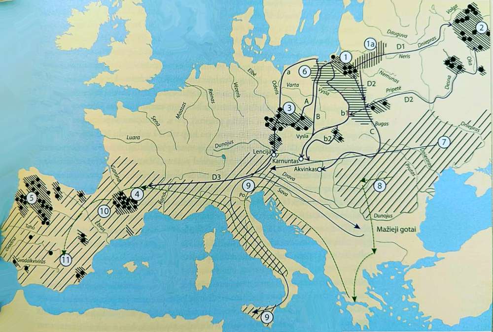 Didžiosios aisčių migracijos galindų banga. Toponimo *galind- paplitimas ir svarbiausieji Gintaro kelio maršrutai I-IV a. Galindų migracija, gintaro kelias