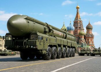 ICBM vilkikas ir T-72 tankai priešais Šv. Vasilijaus soborą Maskvoje dienos šviesoje
