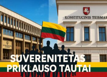 Seimo ir Konstitucinio Teismo pastatai, priekyje – Lietuvos žmonių siluetai su trispalve ir užrašu „Suverenitetas priklauso Tautai“ (Konstitucijos 2 str.)