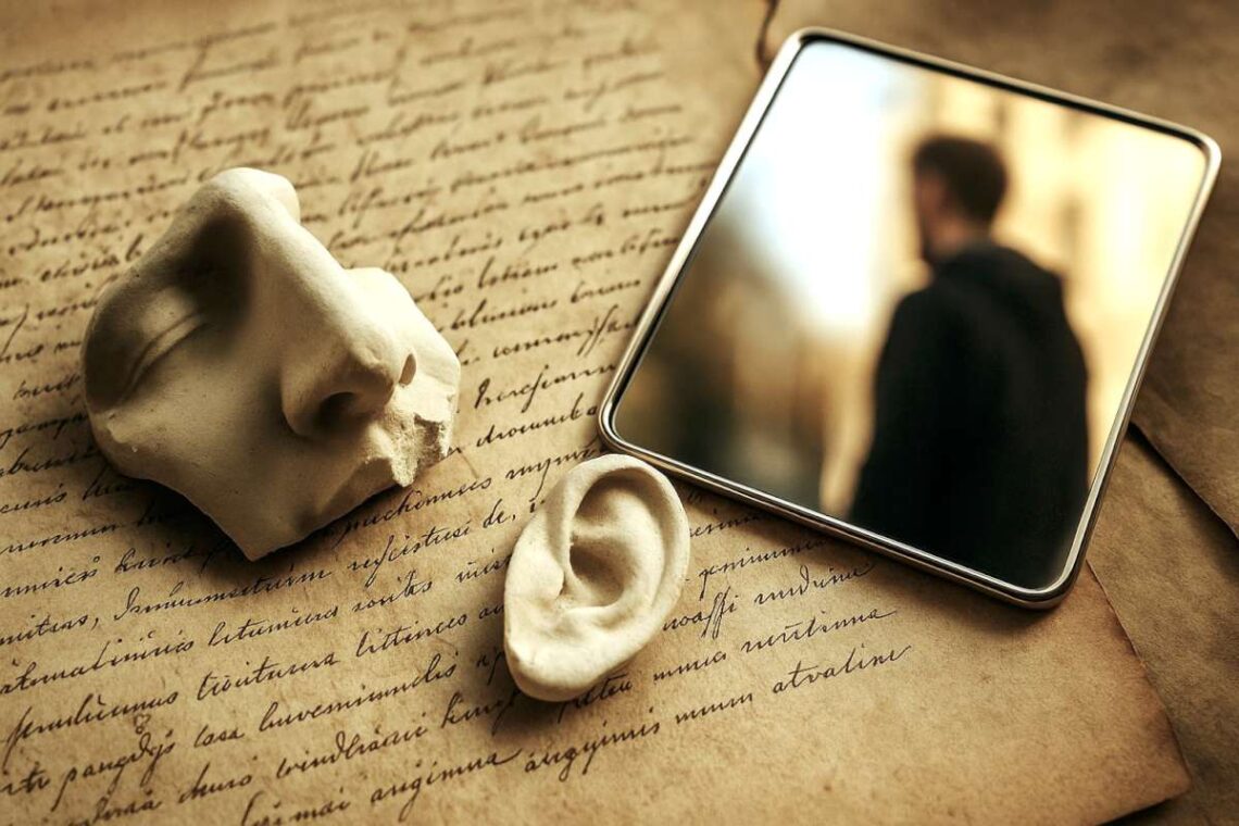 Sudaužyto biusto nosis ir ausis ant seno rankraščio, šalia veidrodyje atsispindintis neryškus žmogus – tradicijos laužymo metafora.