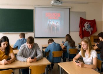 Tuščioje klasėje mokiniai spokso į telefonus, projektorius rodo serialo plakatą, o istorinė Vyties vėliava kabo sukritusi kampe – Žalgirio metinių pamiršimo metafora.