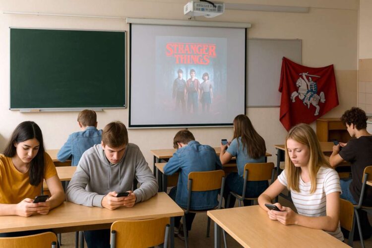 Tuščioje klasėje mokiniai spokso į telefonus, projektorius rodo serialo plakatą, o istorinė Vyties vėliava kabo sukritusi kampe – Žalgirio metinių pamiršimo metafora.