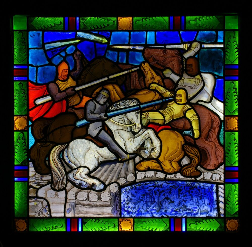 Stasys Ušinskas. Žalgirio mūšis 1946 m. Spalvotas stiklas, švinas